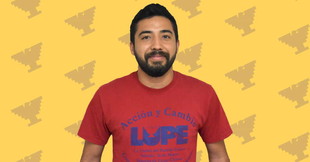 Portrait of Sergio Treviño in front of graphic background