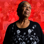 LUPE Doña Maria Gomez stands in dignified pose on top of graphic background.