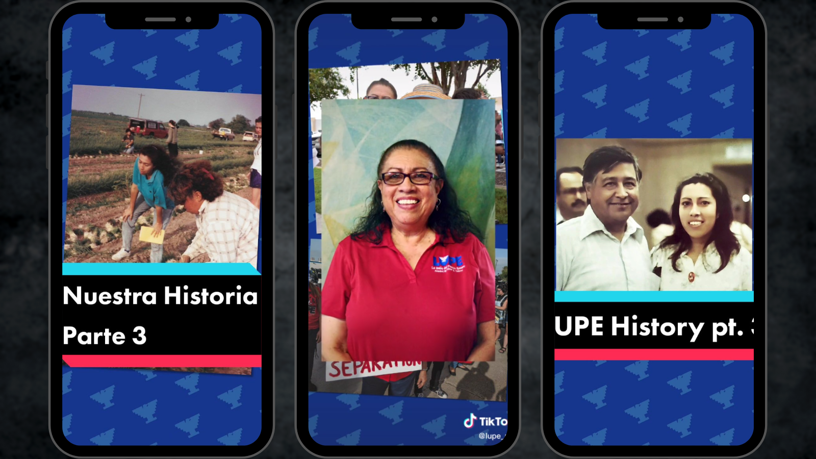 Graphic with three phones, each displaying a photograph of Juanita over the years